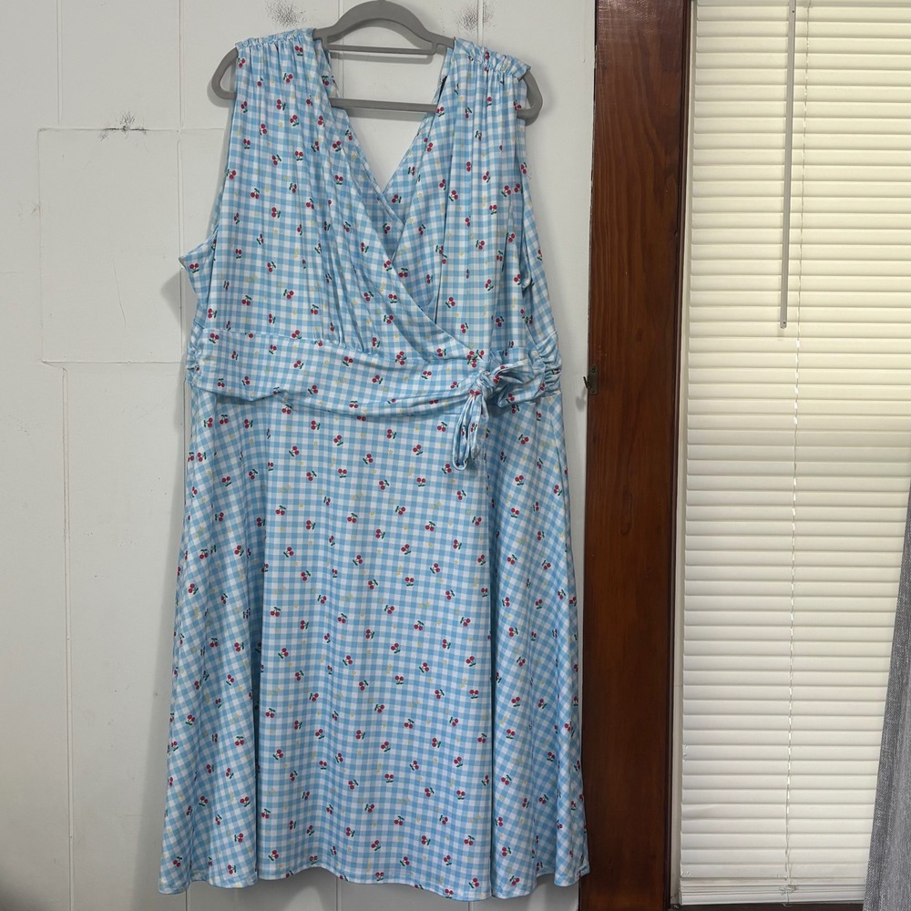 Lady V London Blue Gingham Cherry Print Wrap‎ Dress Plus Size 6XL UK 30/32 Retro